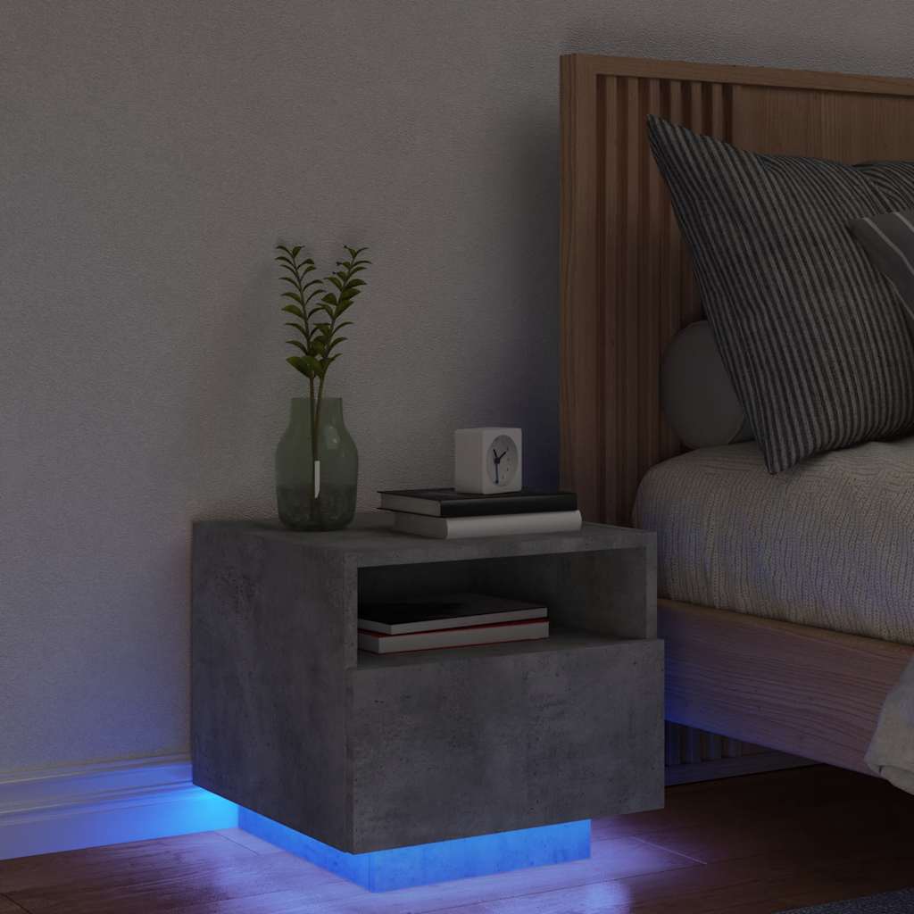sengebord med LED-lys 40x39x37 cm betongrå