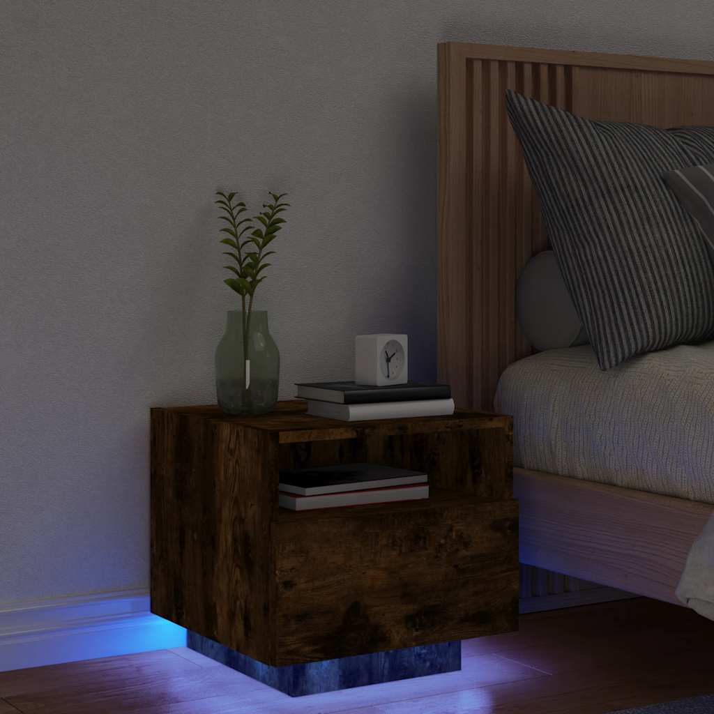 sengebord med LED-lys 40x39x37 cm røget egetræsfarve