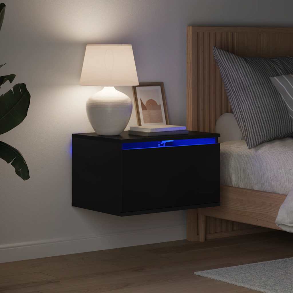 væghængt sengebord med LED-lys sort