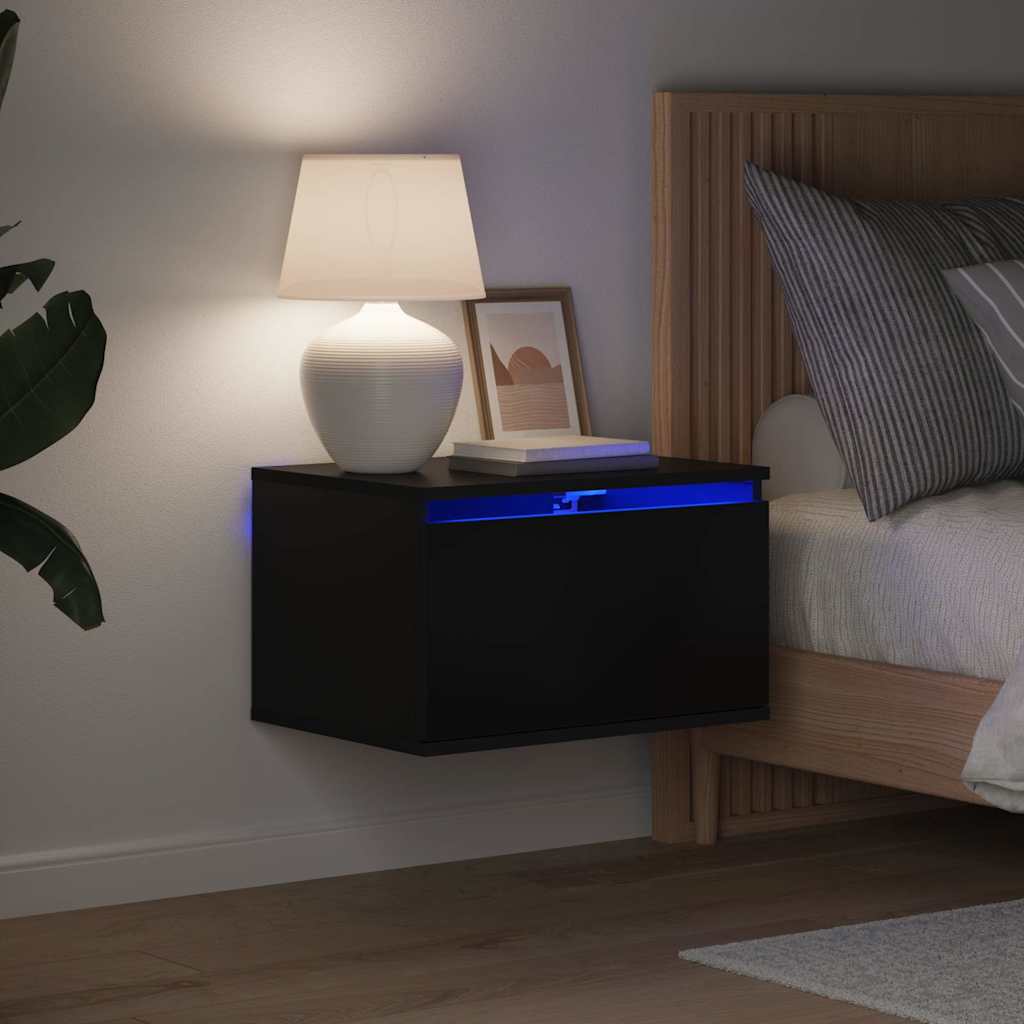 væghængte sengeborde 2 stk. med LED-lys sort