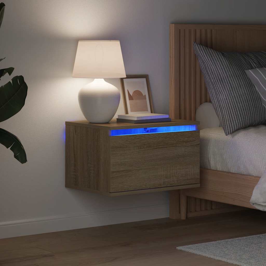 væghængt sengebord med LED-lys sonoma-eg