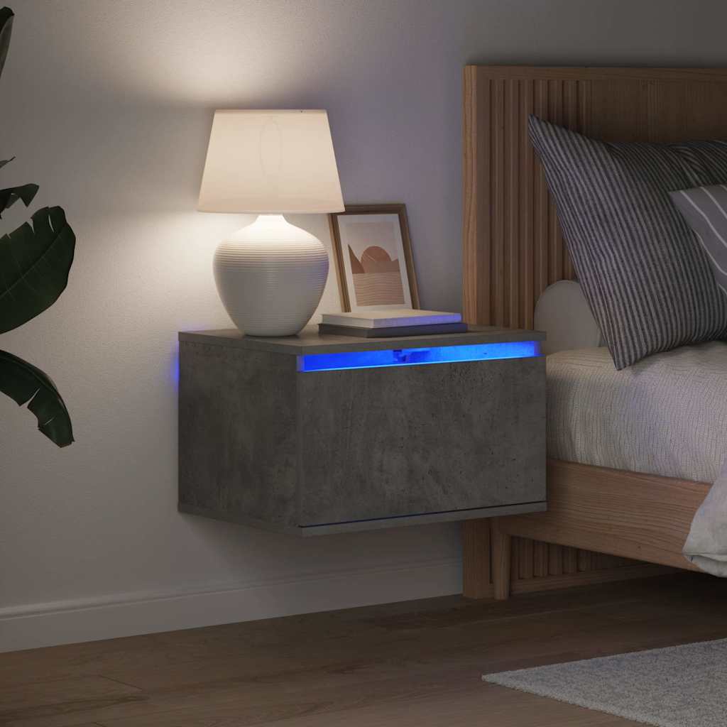 væghængte sengeborde 2 stk. med LED-lys betongrå