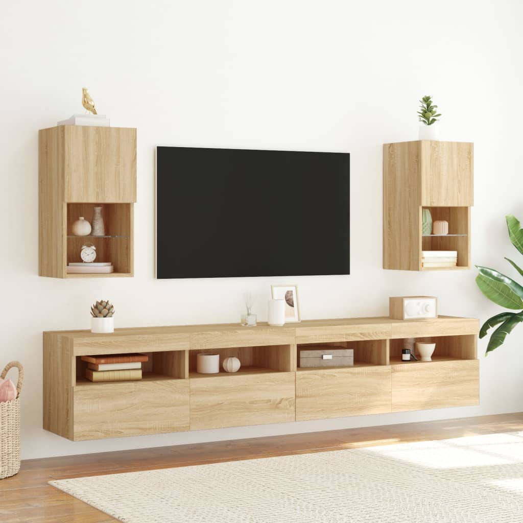 tv-borde med LED-lys 2 stk. 30,5x30x60 cm sonoma-eg