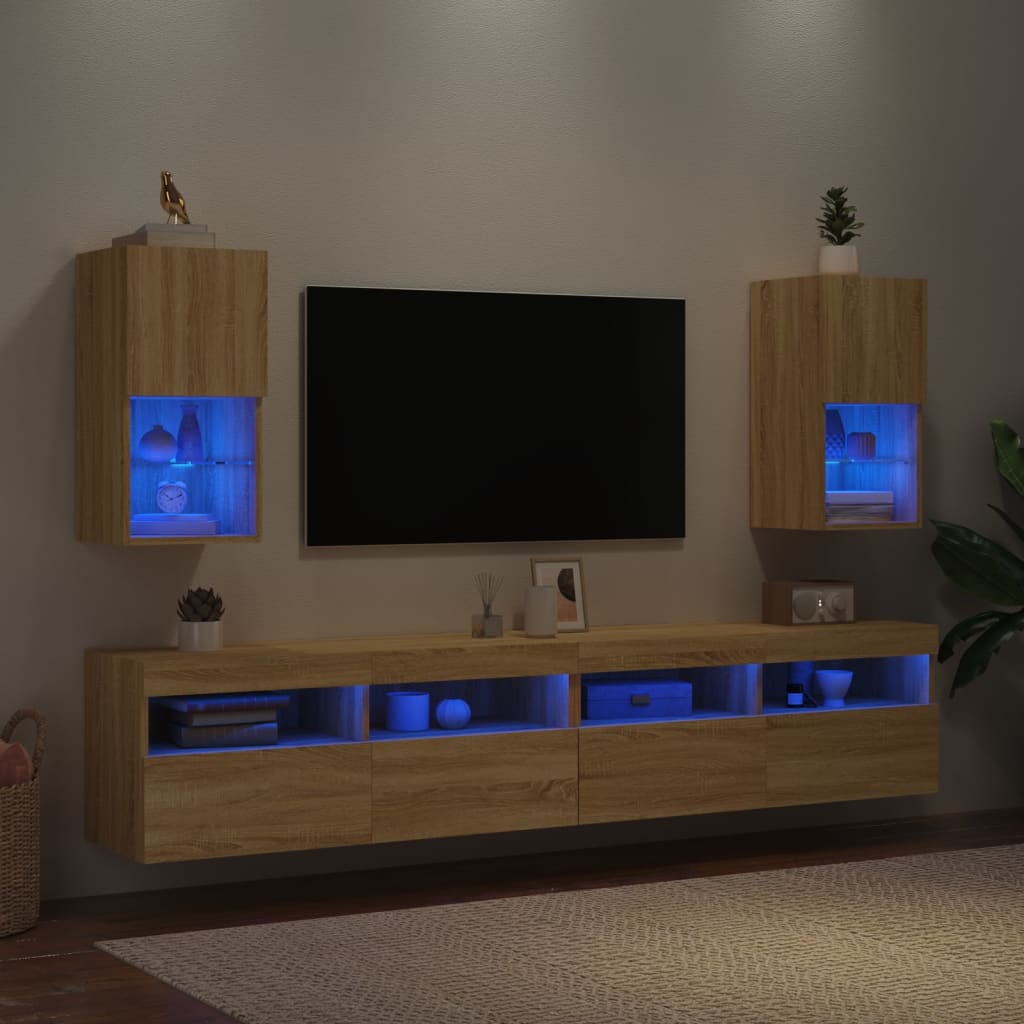 tv-borde med LED-lys 2 stk. 30,5x30x60 cm sonoma-eg