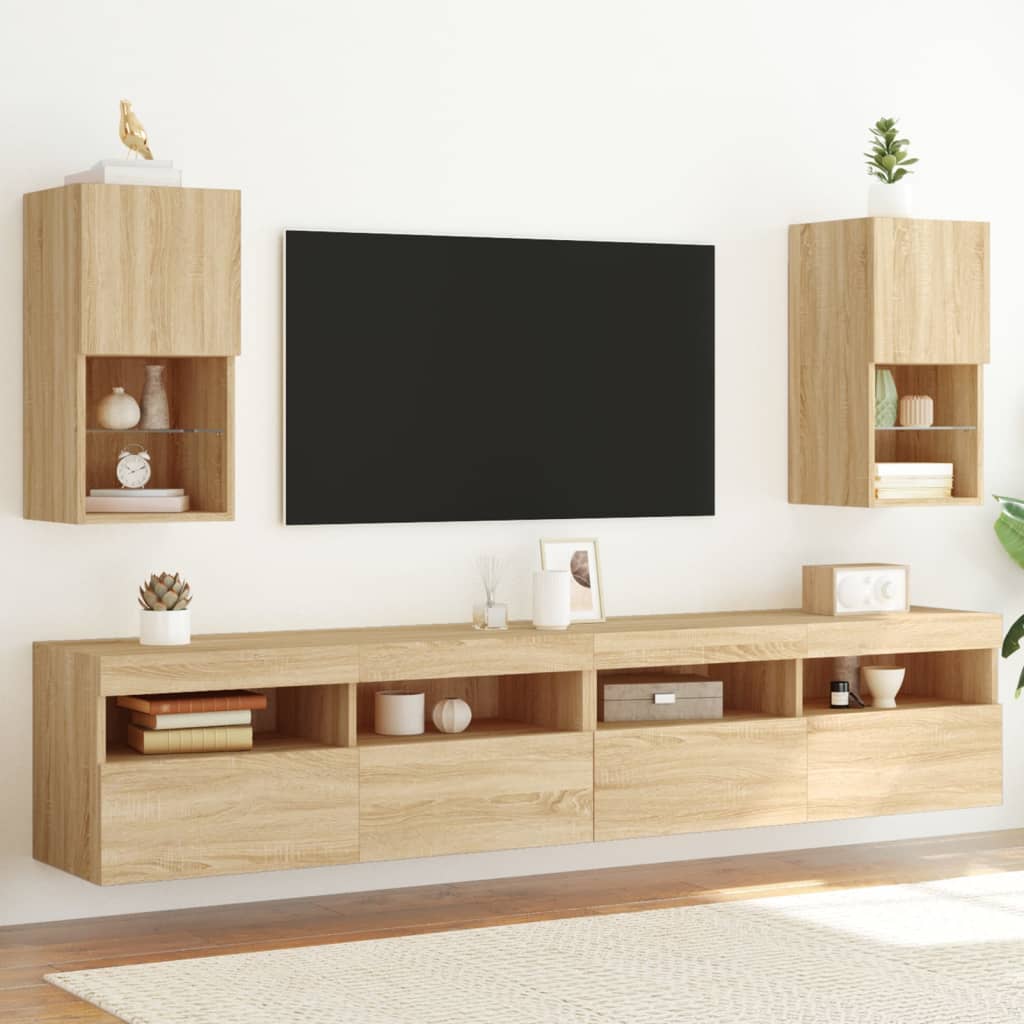 tv-borde med LED-lys 2 stk. 30,5x30x60 cm sonoma-eg