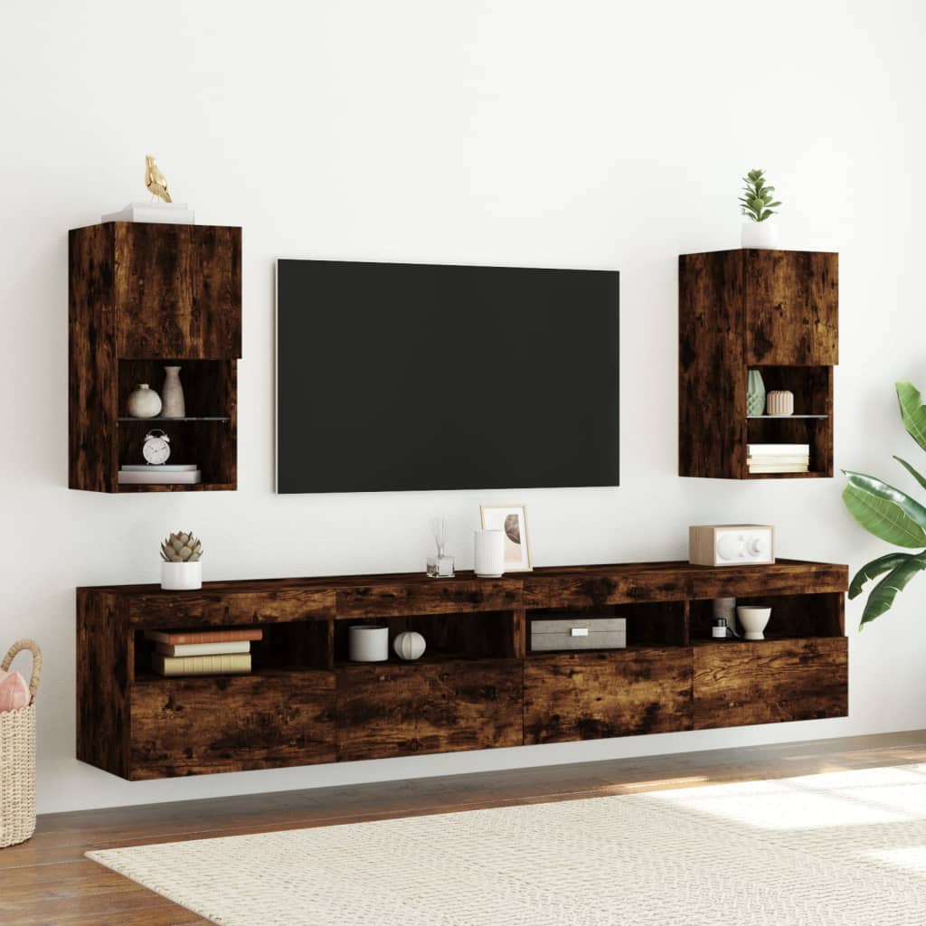 tv-borde med LED-lys 2 stk. 30,5x30x60 cm røget egetræsfarve