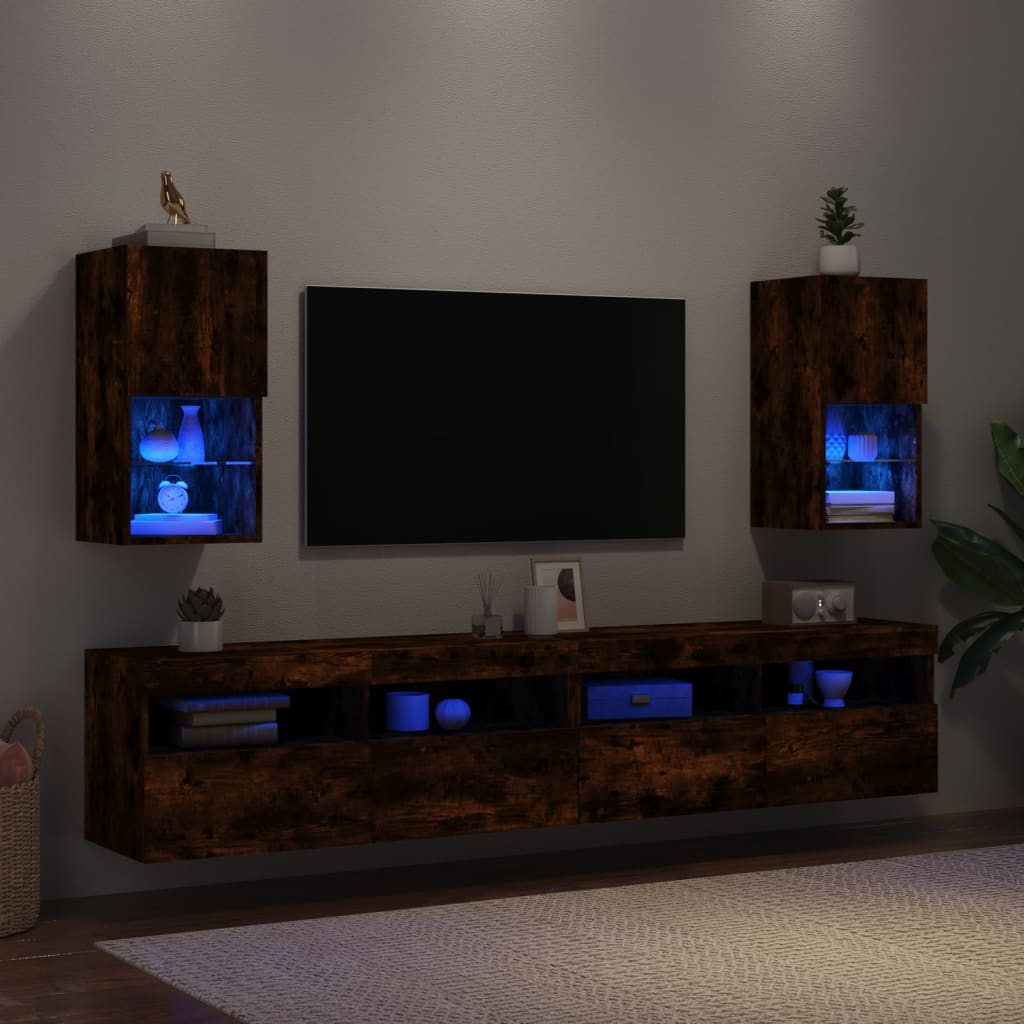 tv-borde med LED-lys 2 stk. 30,5x30x60 cm røget egetræsfarve