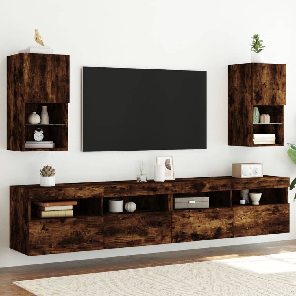 tv-borde med LED-lys 2 stk. 30,5x30x60 cm røget egetræsfarve