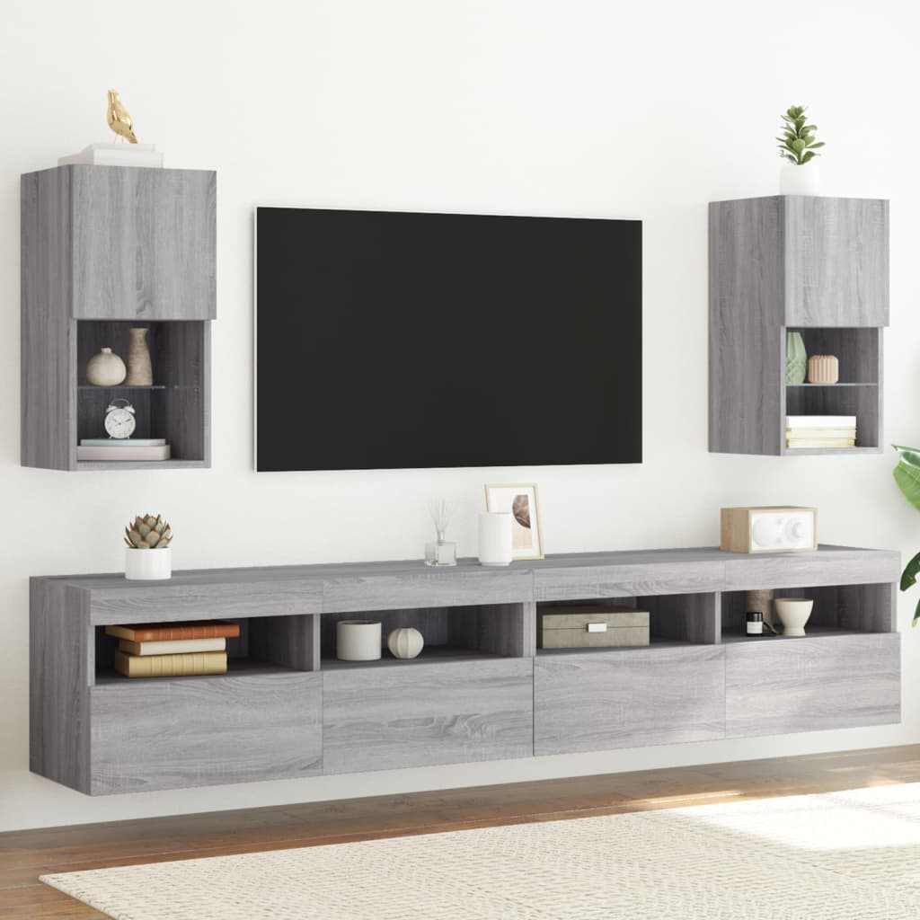 tv-borde 2 stk. med LED-lys 30,5x30x60 cm grå sonoma-eg