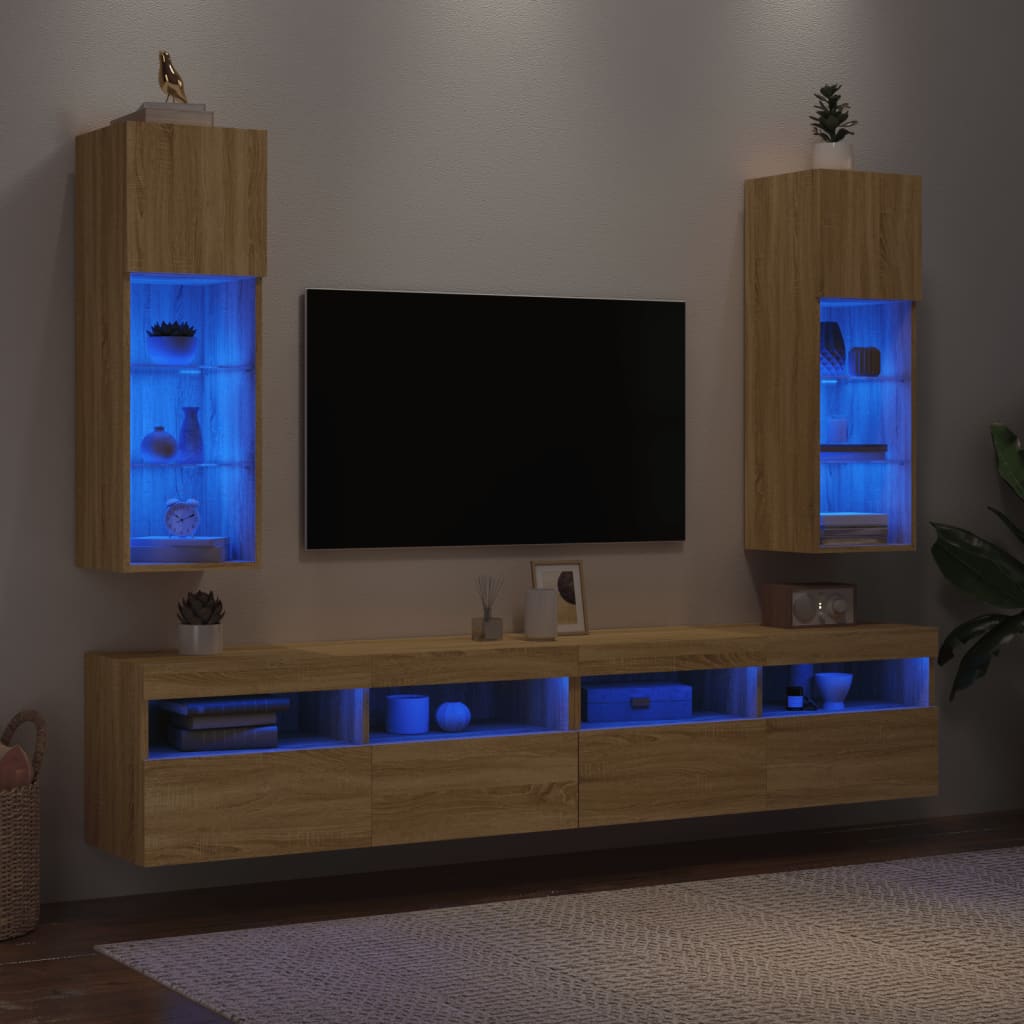 tv-borde 2 stk. med LED-lys 30,5x30x90 cm sonoma-eg