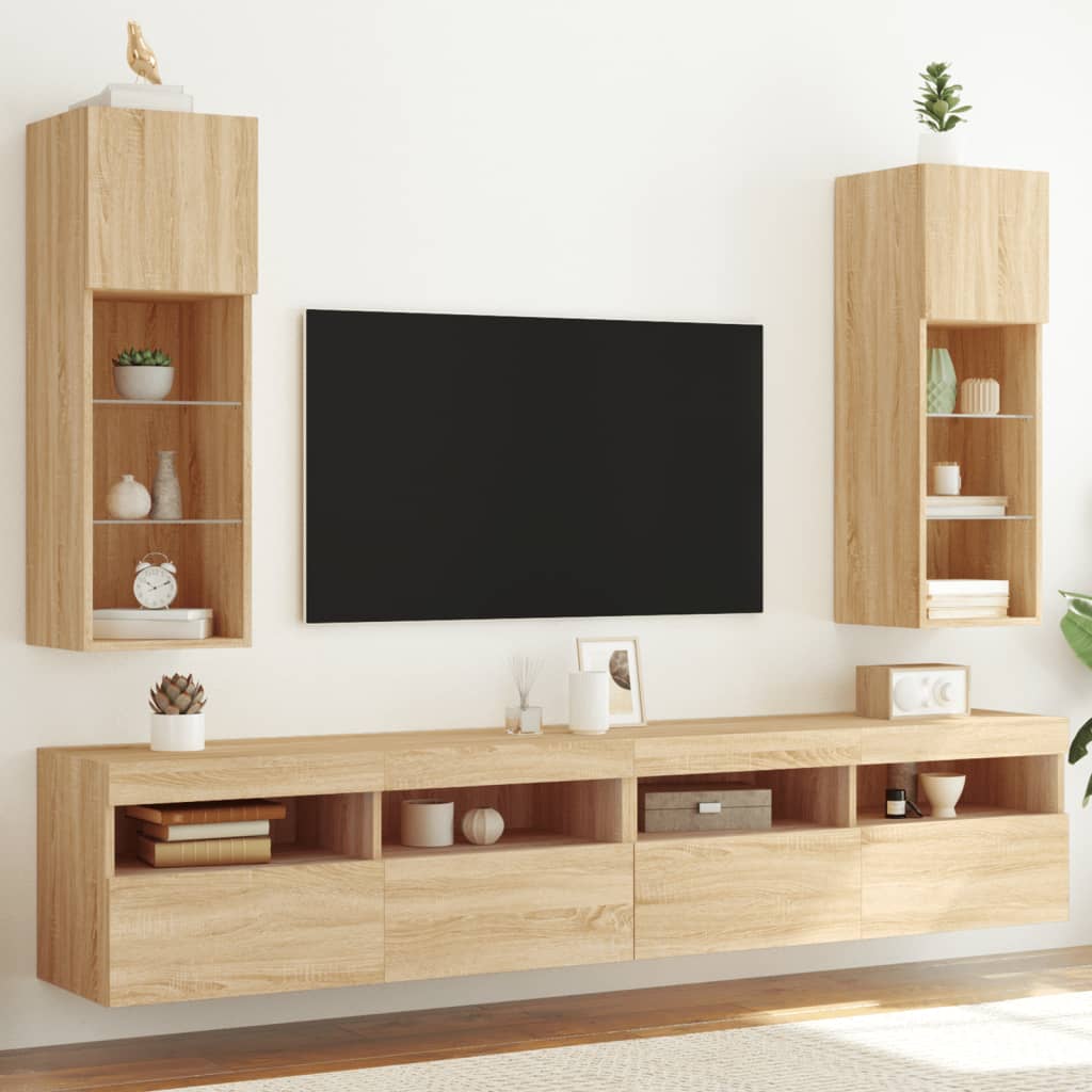 tv-borde 2 stk. med LED-lys 30,5x30x90 cm sonoma-eg