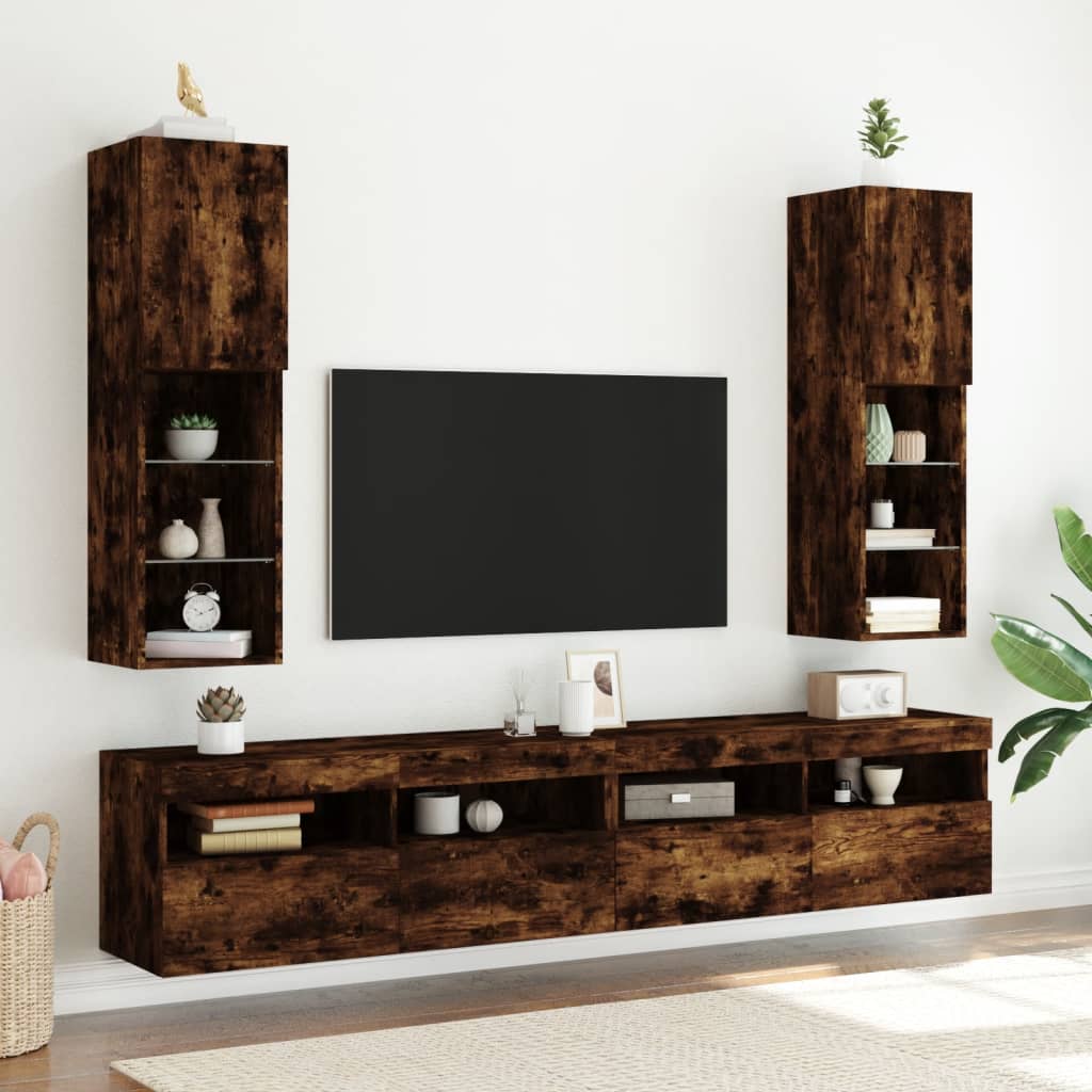 tv-bord med LED-lys 30,5x30x102 cm røget egetræsfarve