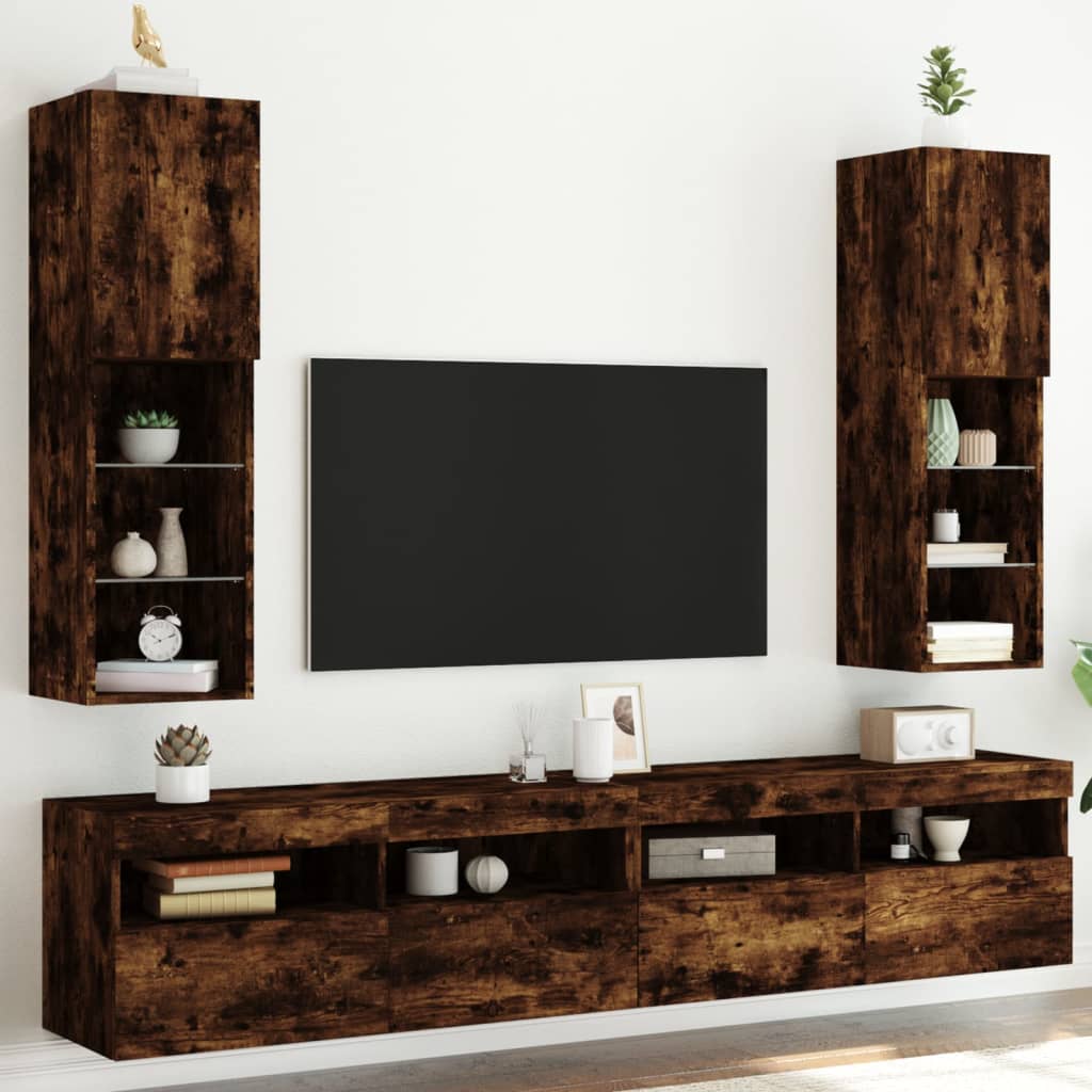 tv-borde med LED-lys 2 stk. 30,5x30x102 cm røget egetræsfarve