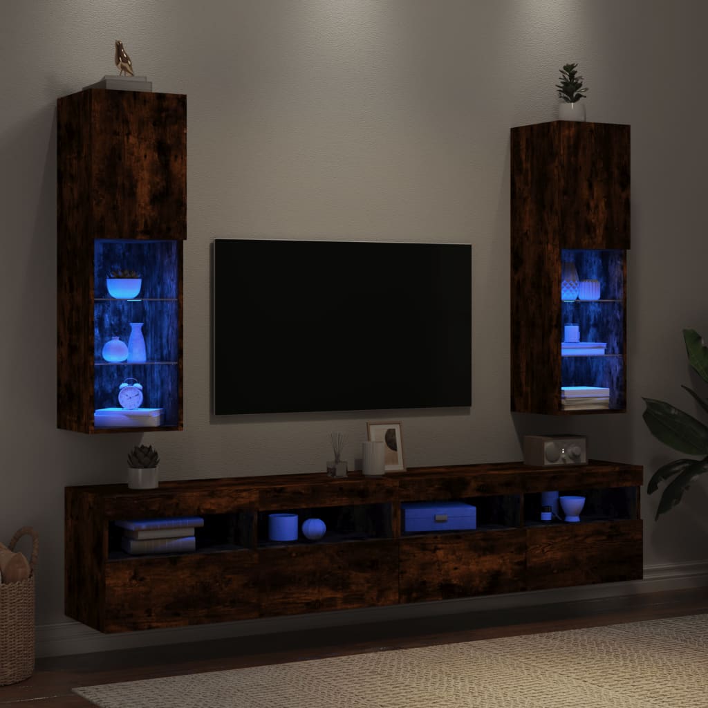 tv-borde med LED-lys 2 stk. 30,5x30x102 cm røget egetræsfarve