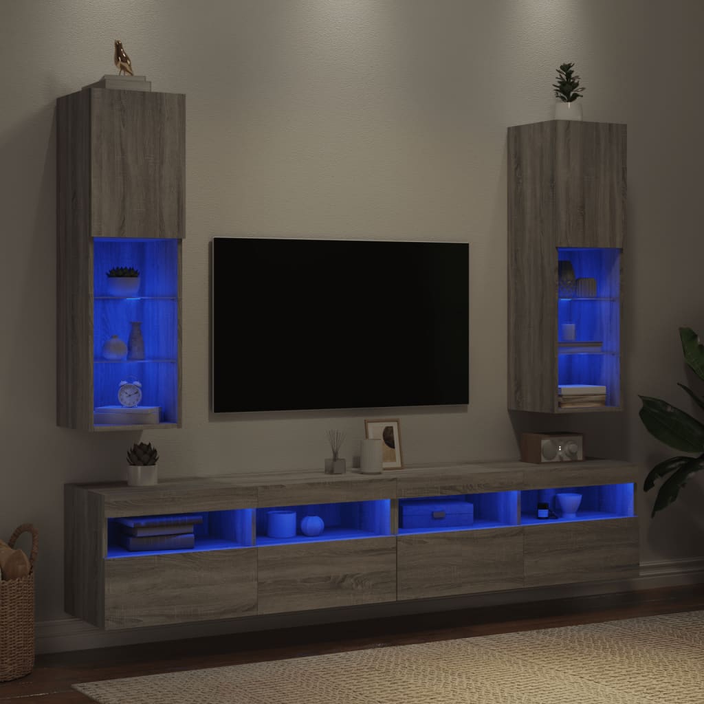 tv-borde 2 stk. med LED-lys 30,5x30x102 cm grå sonoma-eg