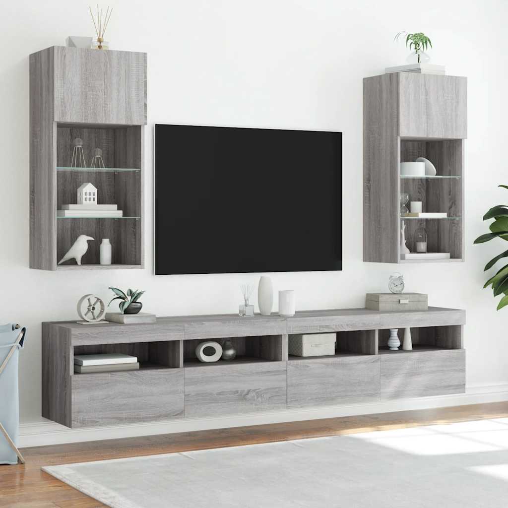 tv-bord med LED-lys 40,5x30x90 cm grå sonoma-eg
