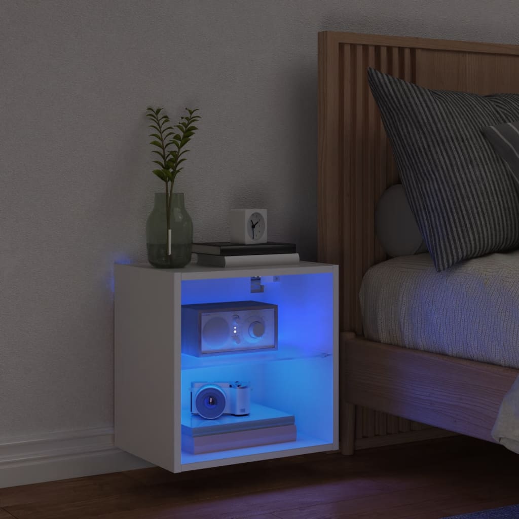 sengebord med LED-lys væghængt hvid