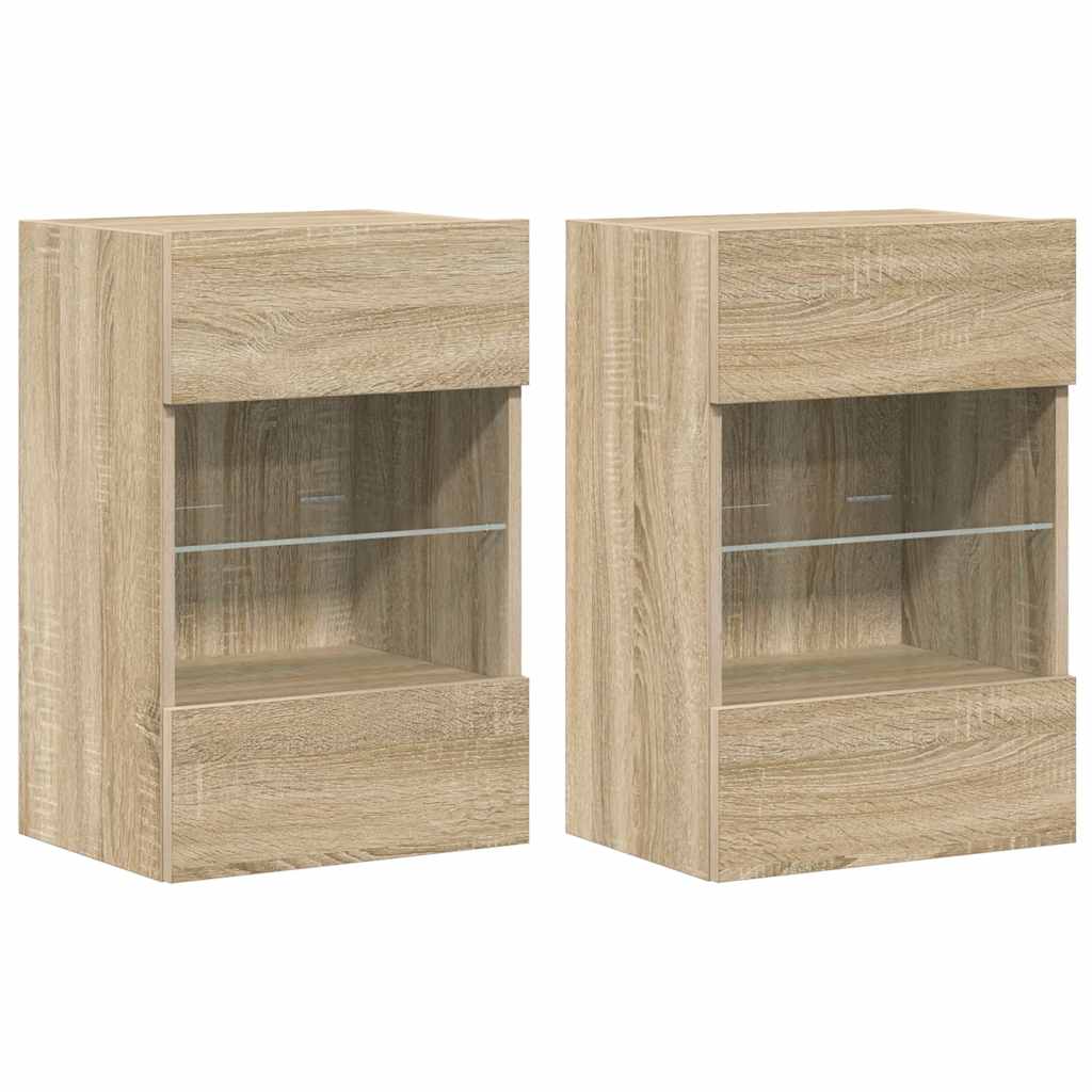 væghængte skabe til TV 2 stk. med LED-lys 40x30x60,5 cm sonoma-eg