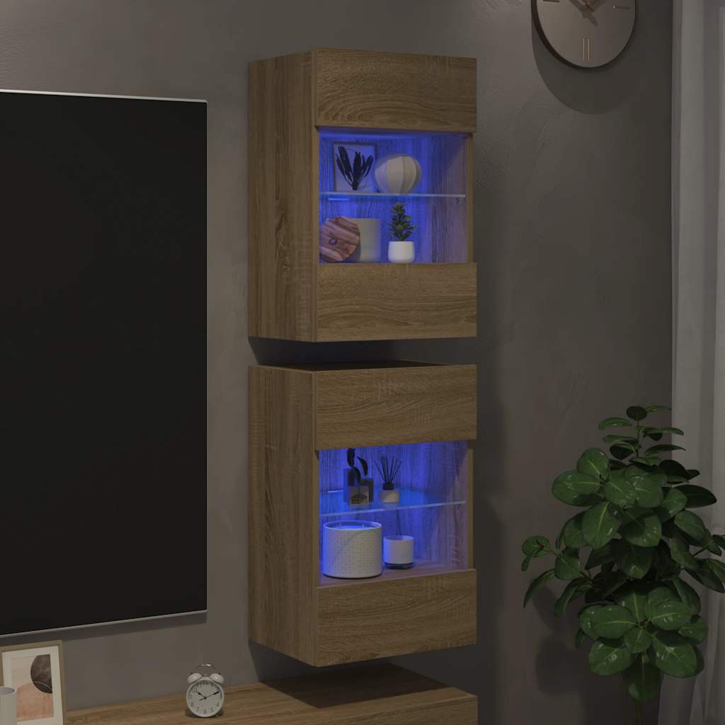 væghængte skabe til TV 2 stk. med LED-lys 40x30x60,5 cm sonoma-eg