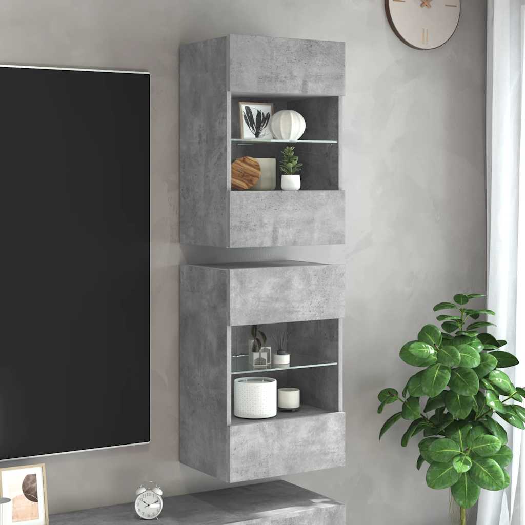 væghængte skabe til TV 2 stk. med LED-lys 40x30x60,5 cm betongrå