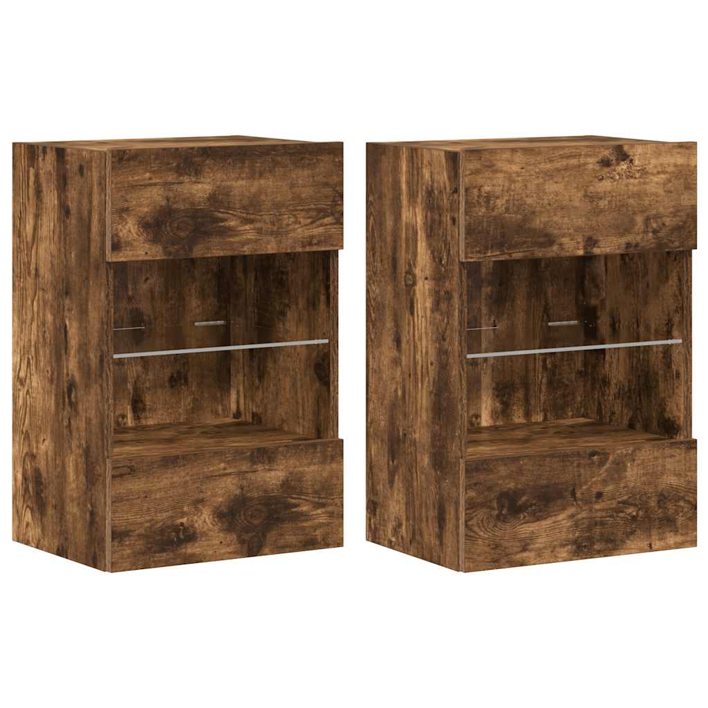 væghængte skabe til TV 2 stk. med LED-lys 40x30x60,5 cm røget eg