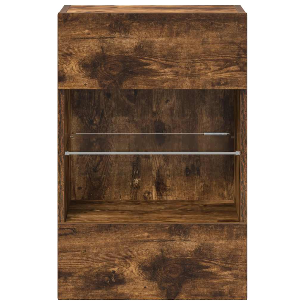 væghængte skabe til TV 2 stk. med LED-lys 40x30x60,5 cm røget eg