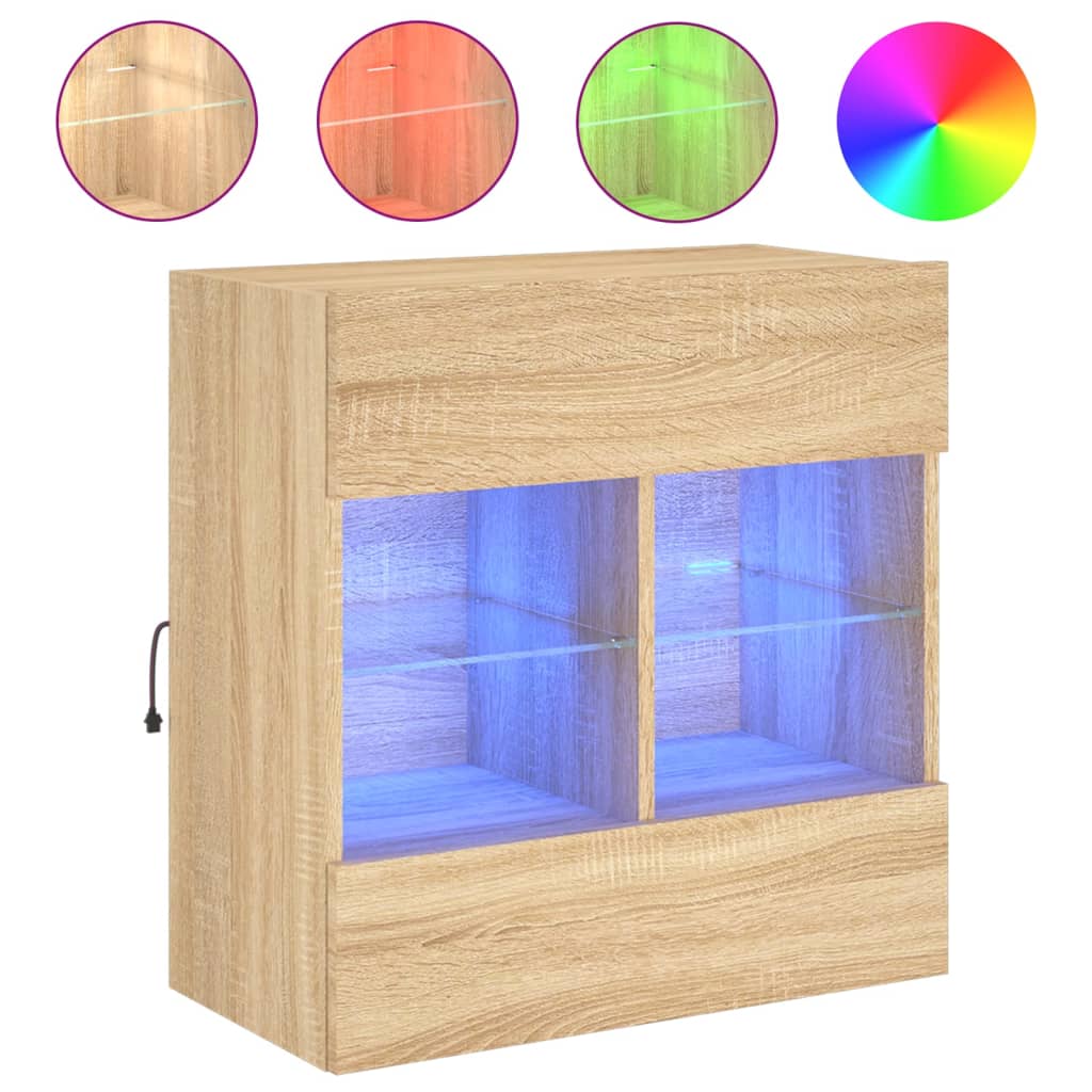 væghængt tv-bord med LED-lys 58,5x30x60,5 cm sonoma-eg