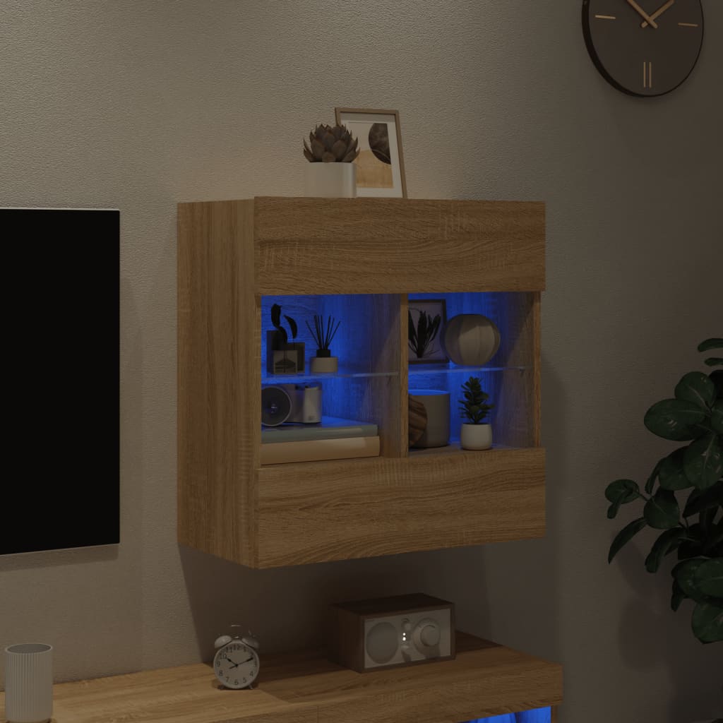 væghængt tv-bord med LED-lys 58,5x30x60,5 cm sonoma-eg