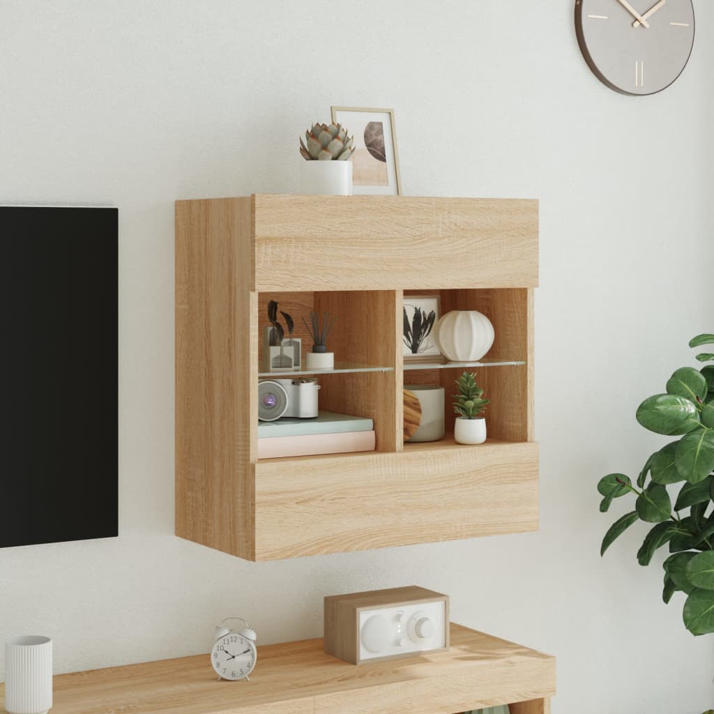væghængt tv-bord med LED-lys 58,5x30x60,5 cm sonoma-eg