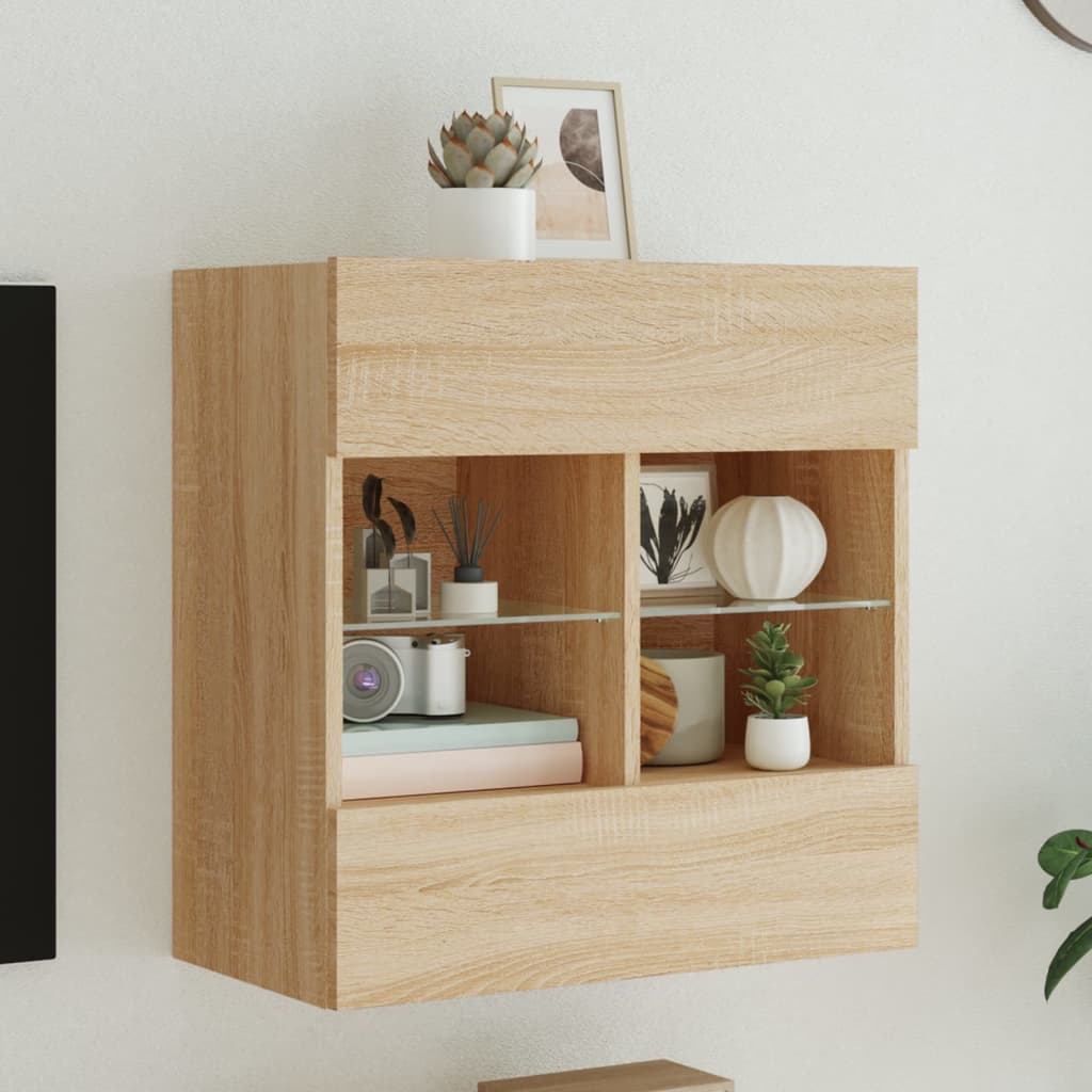 væghængt tv-bord med LED-lys 58,5x30x60,5 cm sonoma-eg