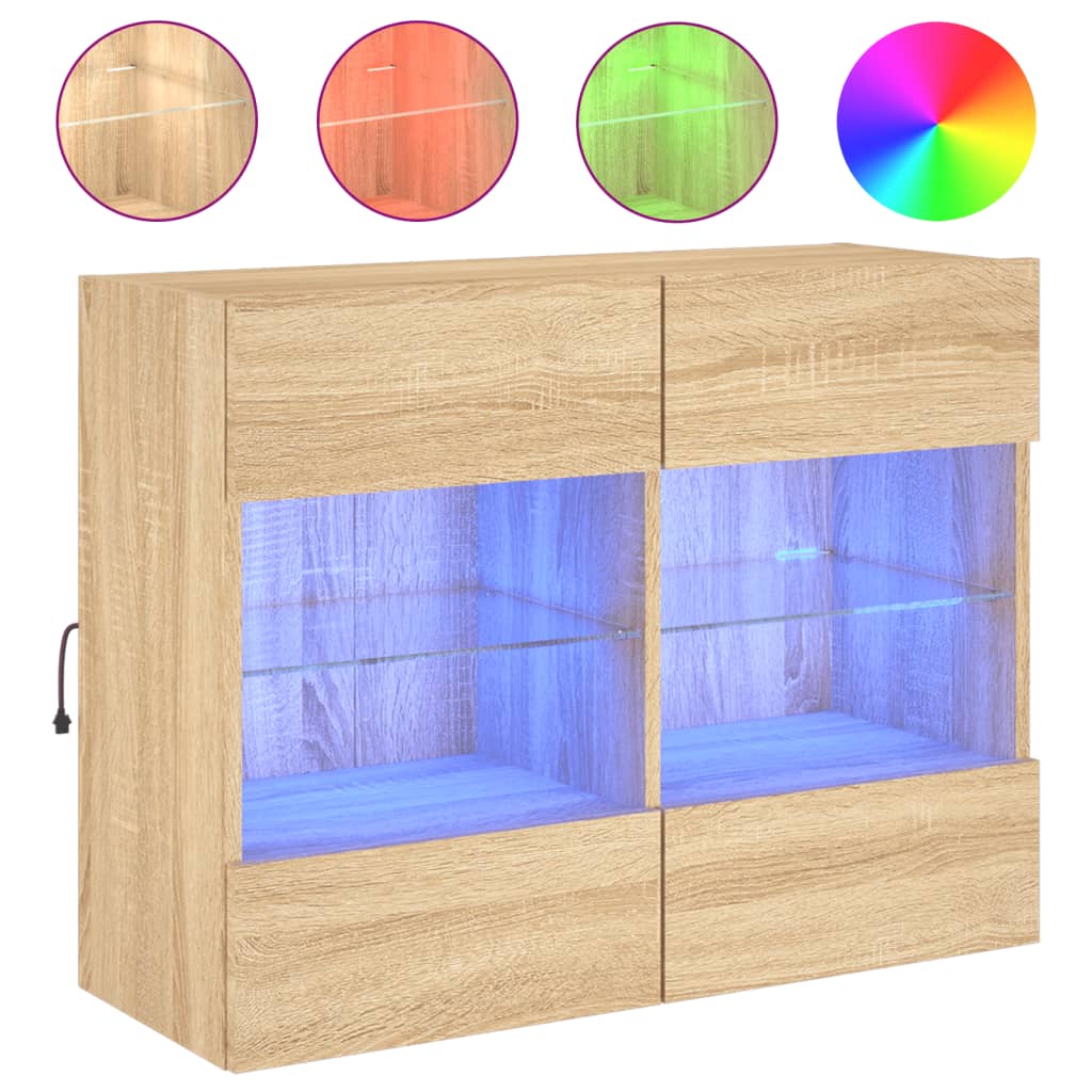 væghængt tv-bord med LED-lys 78,5x30x60,5 cm sonoma-eg
