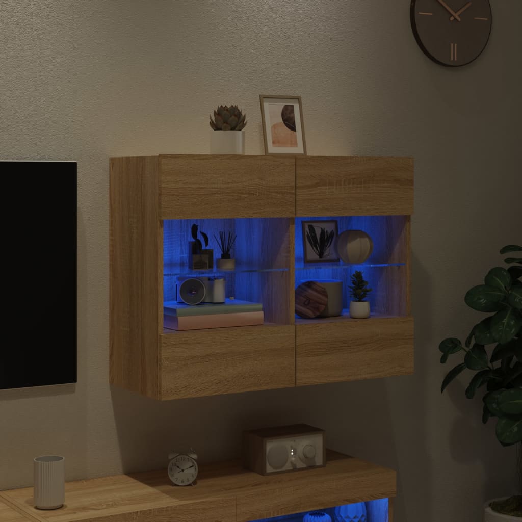 væghængt tv-bord med LED-lys 78,5x30x60,5 cm sonoma-eg