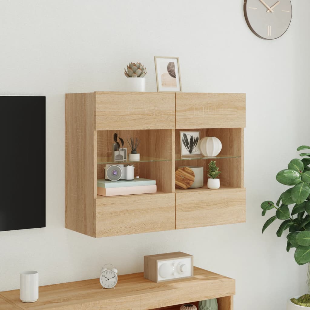 væghængt tv-bord med LED-lys 78,5x30x60,5 cm sonoma-eg