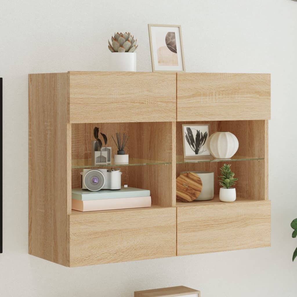 væghængt tv-bord med LED-lys 78,5x30x60,5 cm sonoma-eg