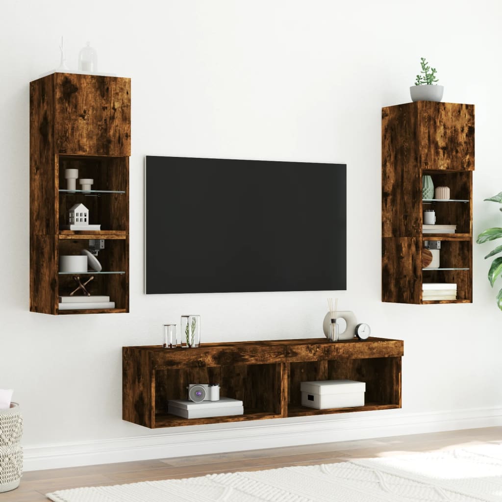 tv-borde med LED-lys 2 stk. 60x30x30 cm røget egetræsfarve
