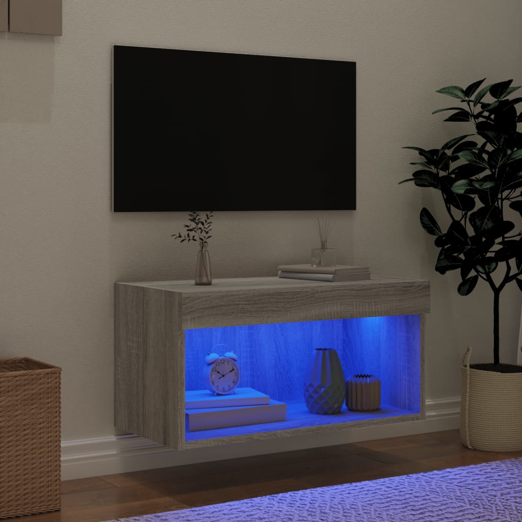 tv-bord 60x30x30 cm med LED-lys grå sonoma-eg
