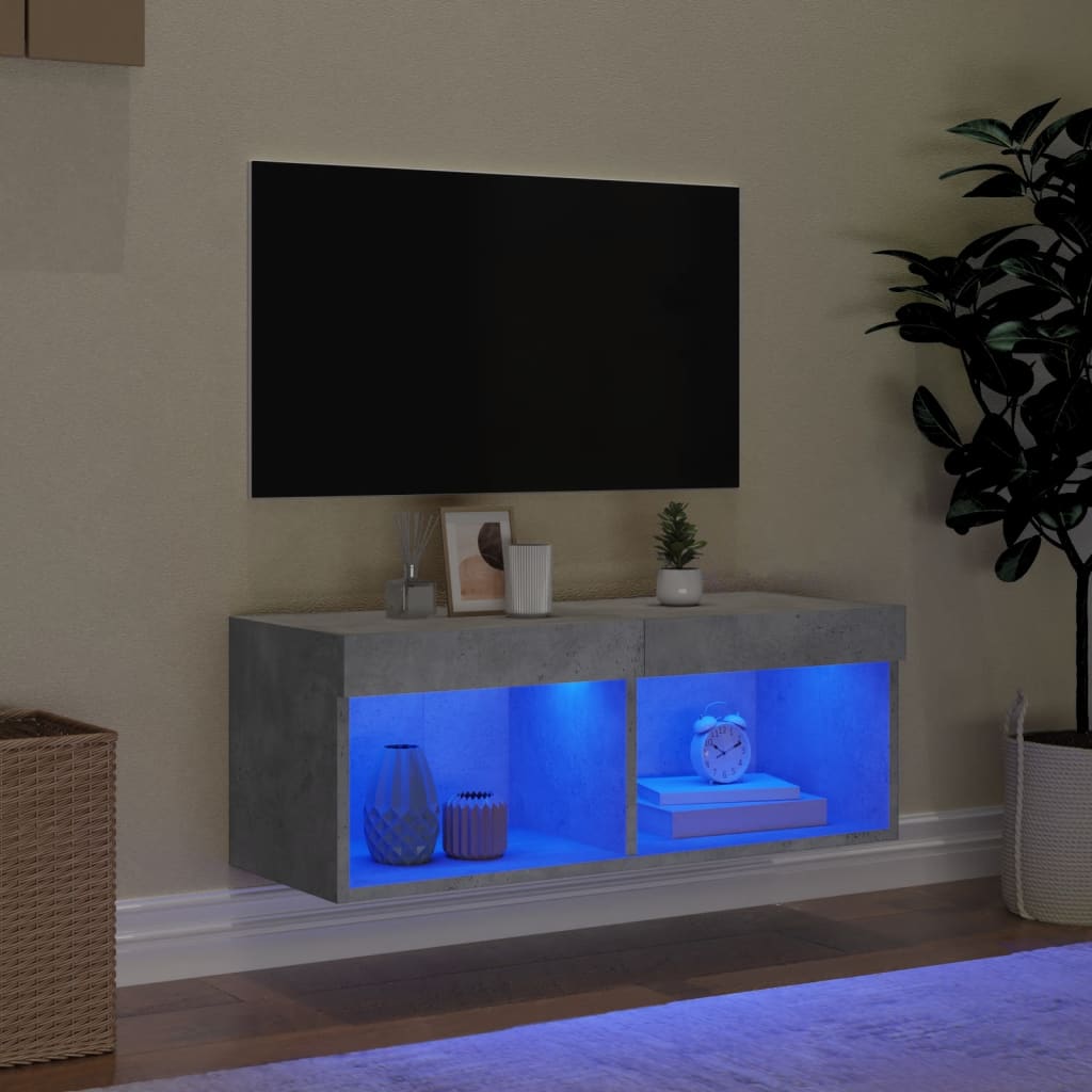 sengebord med LED-lys 80x30x30 cm betongrå