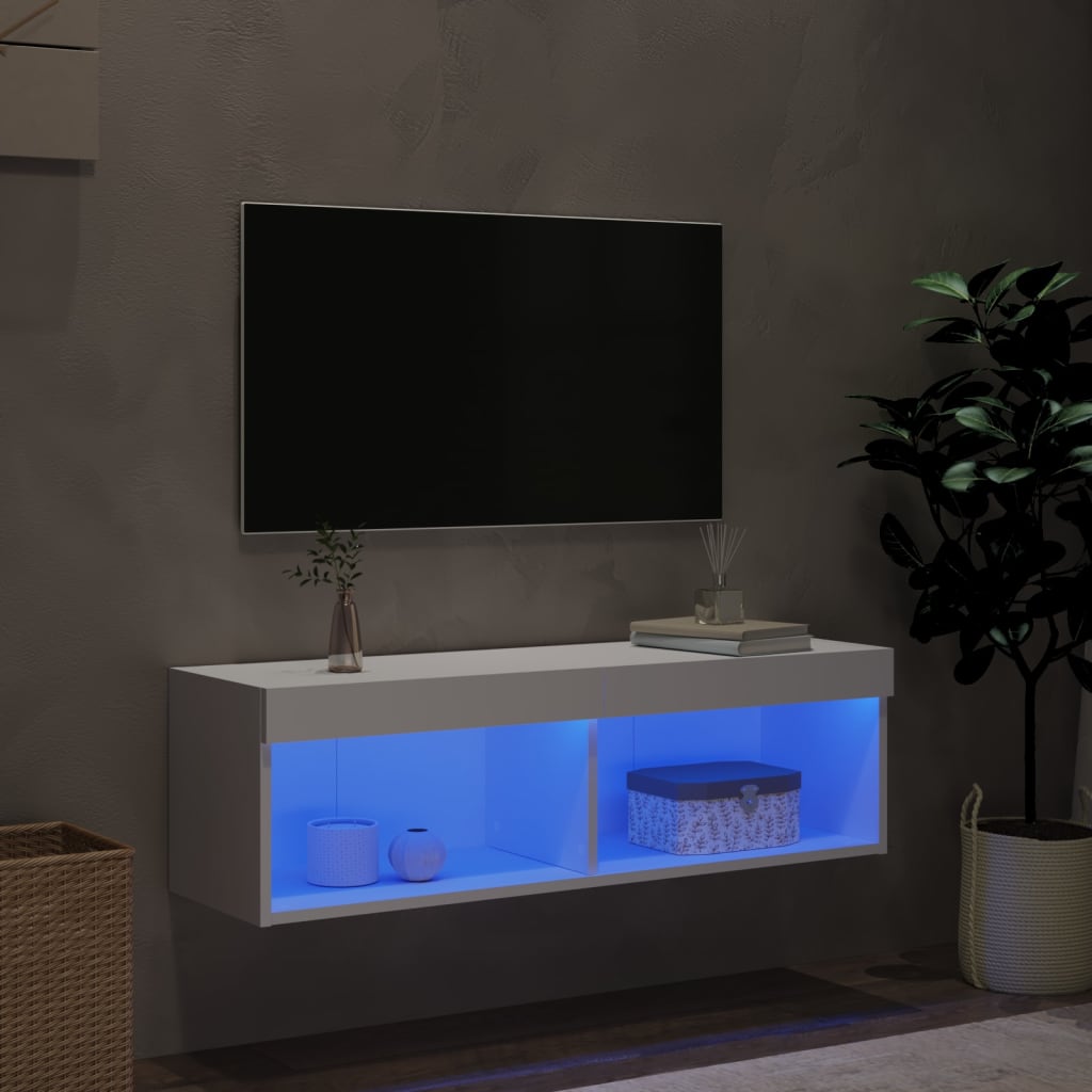 tv-bord med LED-lys 100x30x30 cm hvid