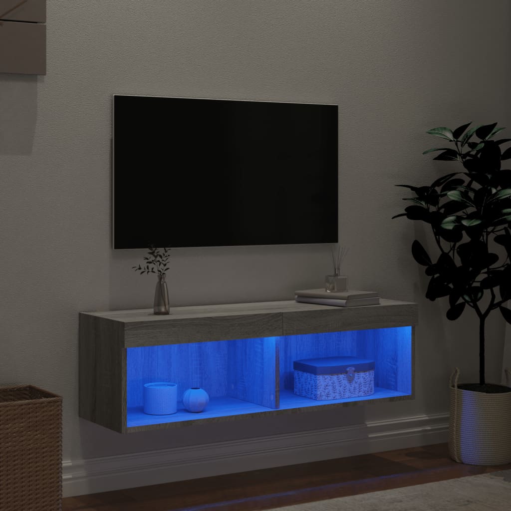 tv-bord med LED-lys 100x30x30 cm grå sonoma-eg