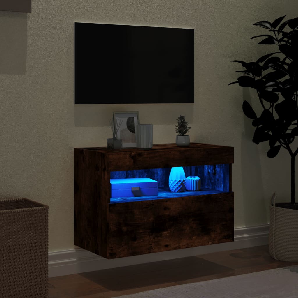væghængt tv-bord med LED-lys 60x30x40 cm røget egetræsfarve
