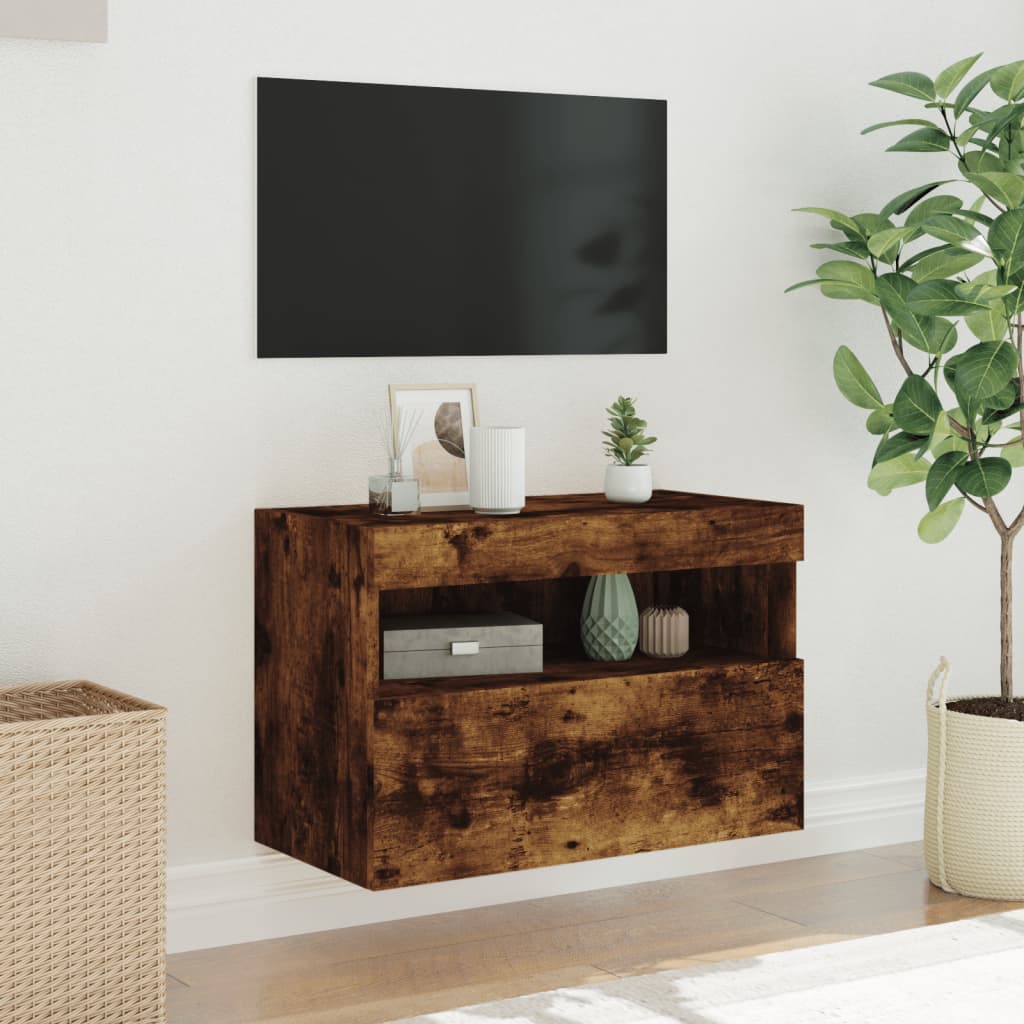 væghængt tv-bord med LED-lys 60x30x40 cm røget egetræsfarve