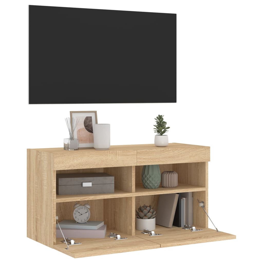 væghængt tv-bord med LED-lys 80x30x40 cm sonoma-eg