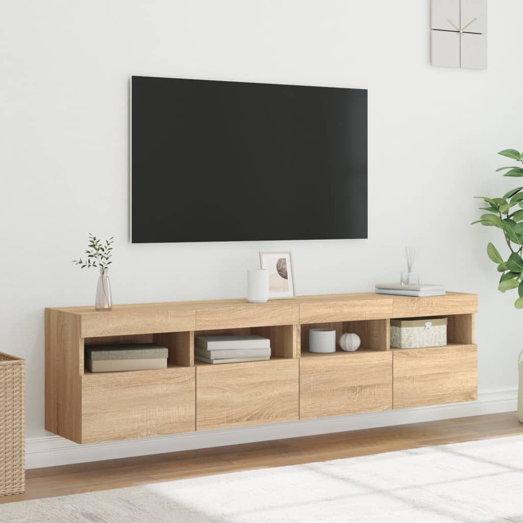 væghængte tv-borde 2 stk. med LED-lys 80x30x40 cm sonoma-eg