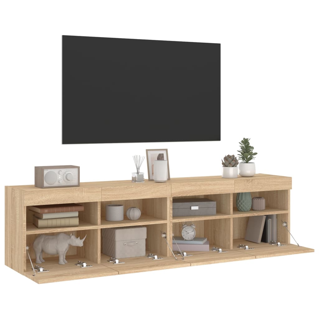 væghængte tv-borde 2 stk. med LED-lys 80x30x40 cm sonoma-eg
