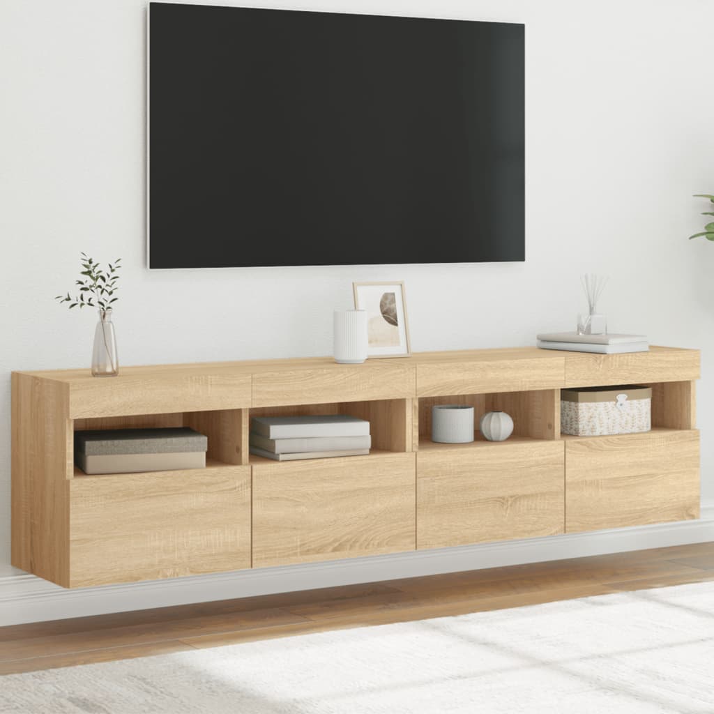 væghængte tv-borde 2 stk. med LED-lys 80x30x40 cm sonoma-eg