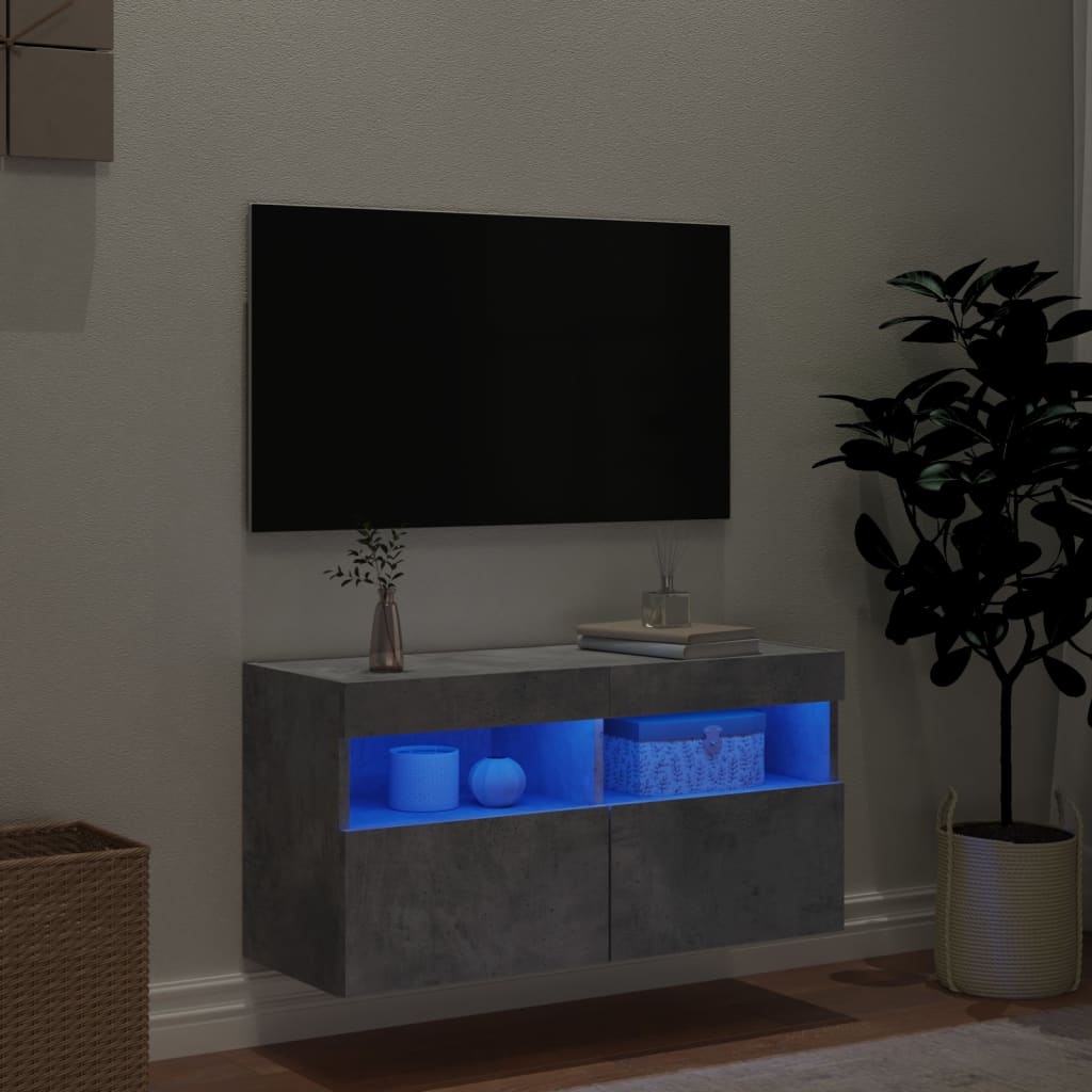 væghængt tv-bord med LED-lys 80x30x40 cm betongrå