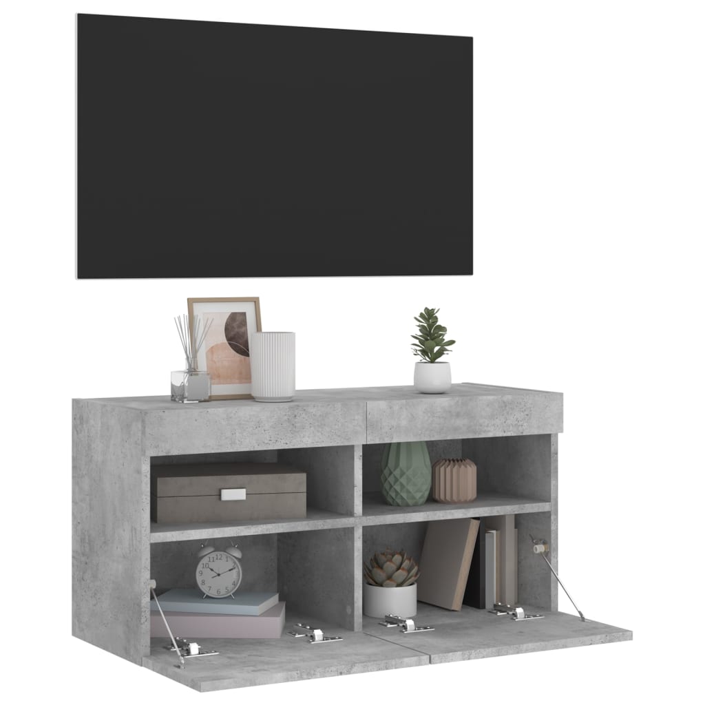 væghængt tv-bord med LED-lys 80x30x40 cm betongrå