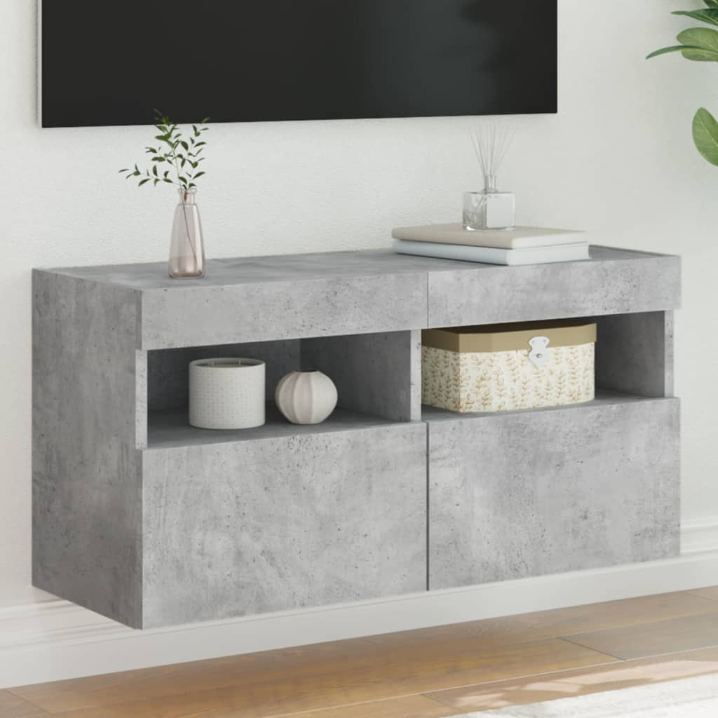 væghængt tv-bord med LED-lys 80x30x40 cm betongrå