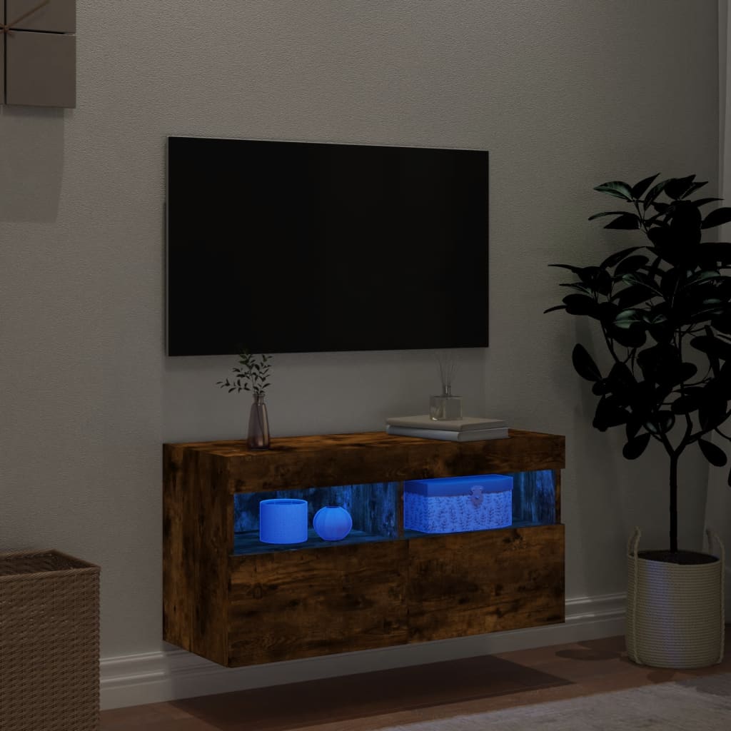 væghængt tv-bord med LED-lys 80x30x40 cm røget egetræsfarve