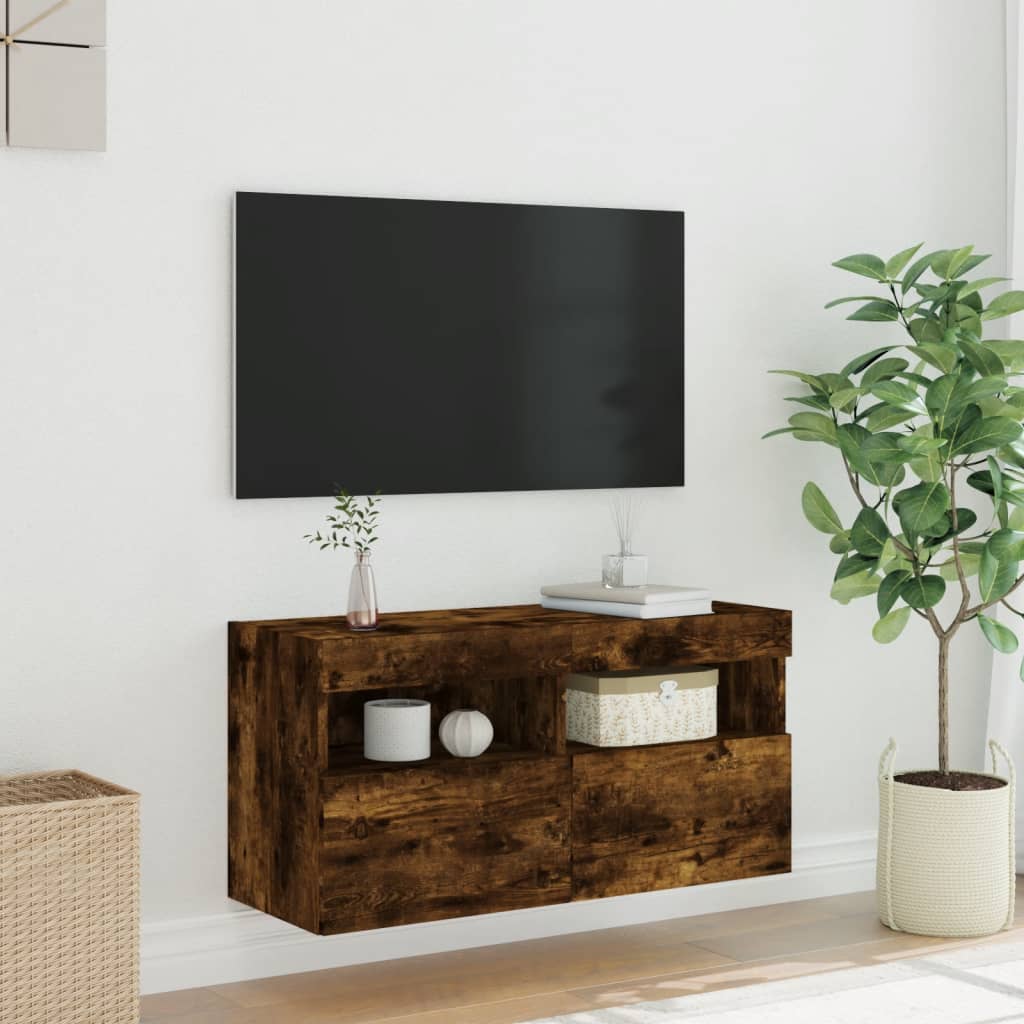 væghængt tv-bord med LED-lys 80x30x40 cm røget egetræsfarve